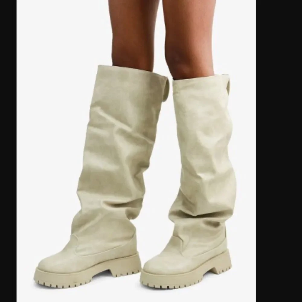 OFF WHITE CREAM DISTRESS OVER THE KNEE CRUNCH BOOT